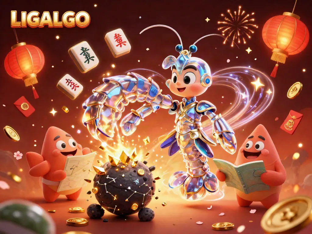 LIGALGO summons excitement with a vibrant scene of a galactic samurai mantis shrimp fighting through an asteroid and a starfish reading a map in a rich, dazzling atmosphere.