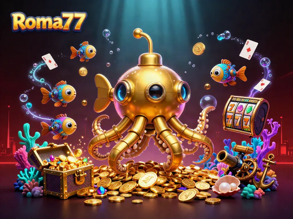 Engage with Roma77's rich gaming universe through slots and treasures in a vibrant underwater scene.