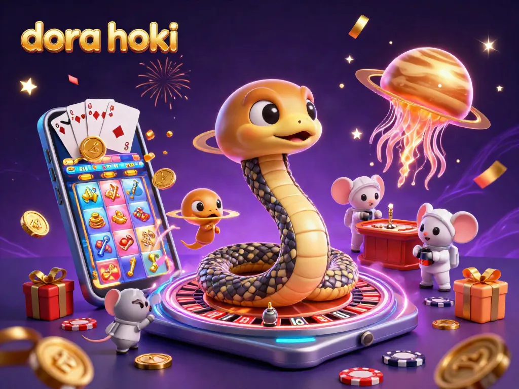 Dora hoki menunjukkan slot permainan dengan rolet dan keripik poker berserakan.