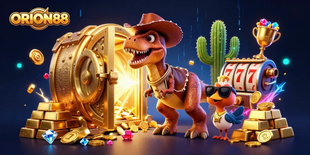 Spin the reels of ORION88 with a T-Rex and friends in an electrifying casino adventure.
