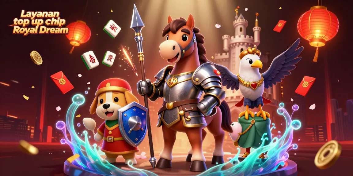 Layanan top up chip Royal Dream in a vibrant, animated casino scene with colorful elements