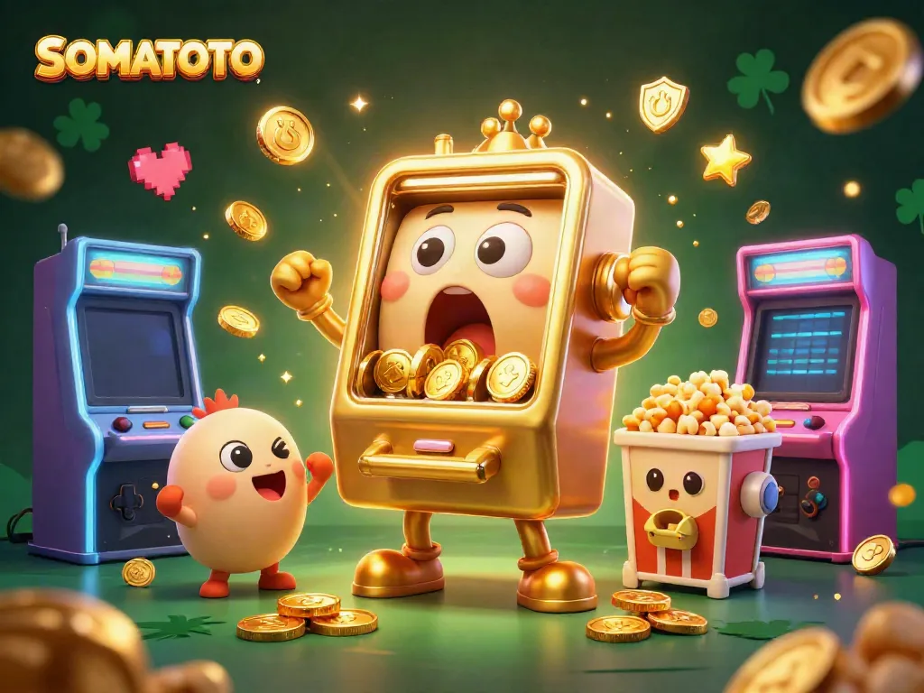 SOMATOTO slot machine hitting a jackpot surrounded by cheering machines and golden coins