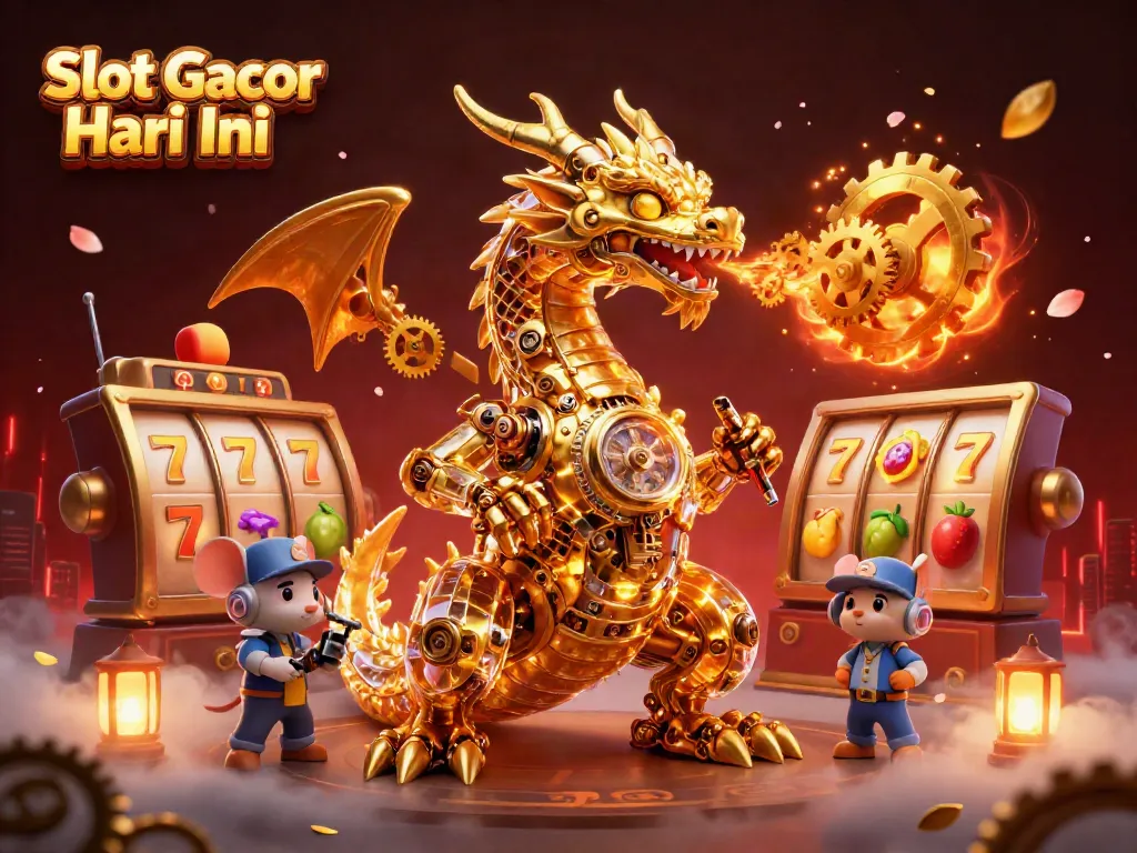 Slot Gacor Hari Ini memperlihatkan naga emas mekanis dan simbol slot yang mempesona dalam ilustrasi 3D.