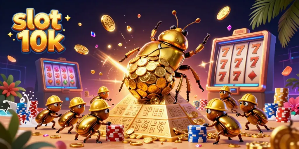 Slot 10k menunjukkan ilustrasi 3D dinamis dengan kumbang emas raksasa menggulingkan koin, menambah keseruan dalam perjudian.