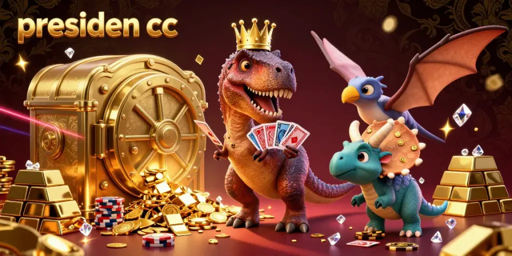 Engage with presiden cc's exciting casino scene featuring a T-Rex playing cards with gold chips stacked high.