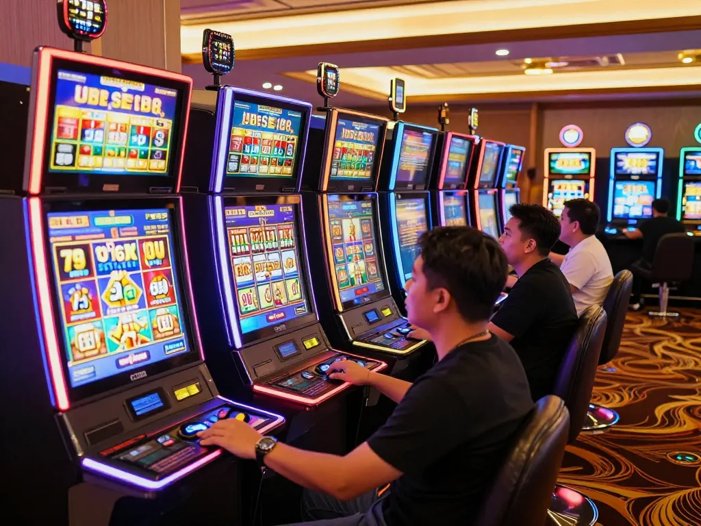 Agen Slot88 players engaging with colorful slot machines under warm casino lights.