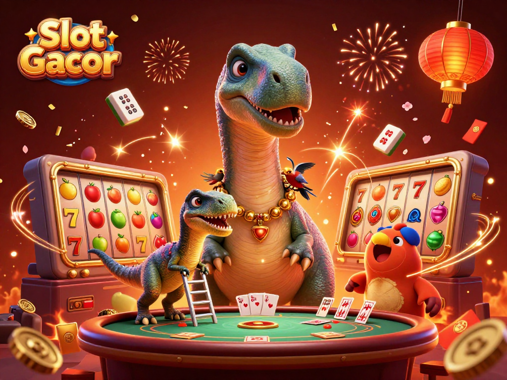 Experience excitement at Slot Gacor with a vibrant 3D casino scene showcasing thrilling games and dynamic elements.
