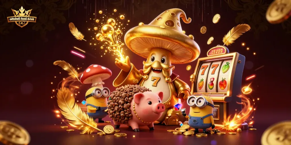 Engage in thrilling gameplay at mitchell-food-drink casino with golden magical characters and treasures.