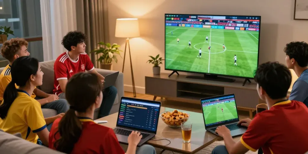 Suasana taruhan online Kantorbola dengan teman-teman menonton pertandingan sepak bola.