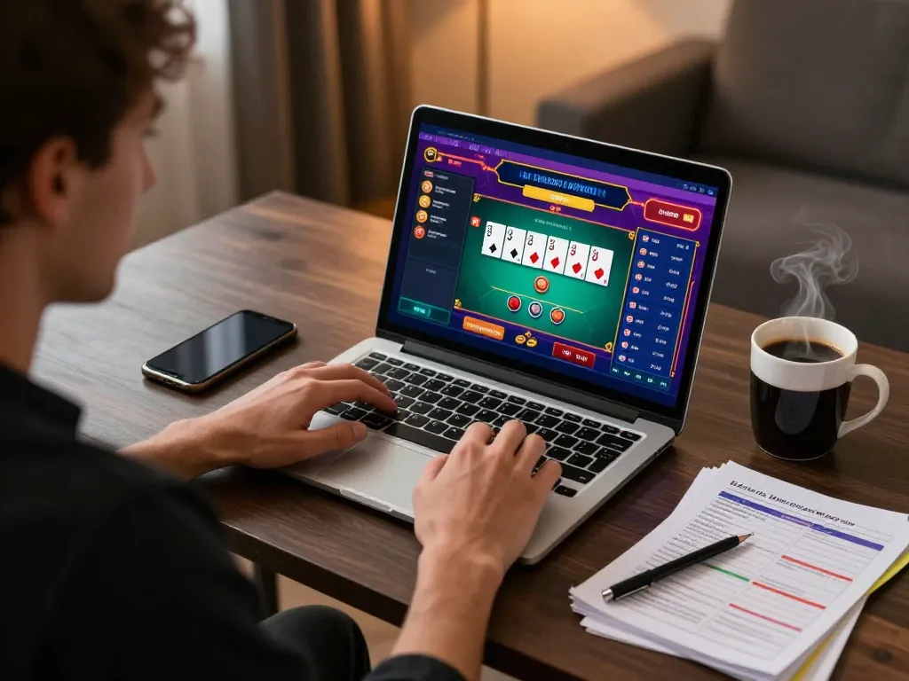 Pemain terlibat dalam permainan kasino online di oracleappshub dari pengaturan meja kerja yang nyaman di rumah.