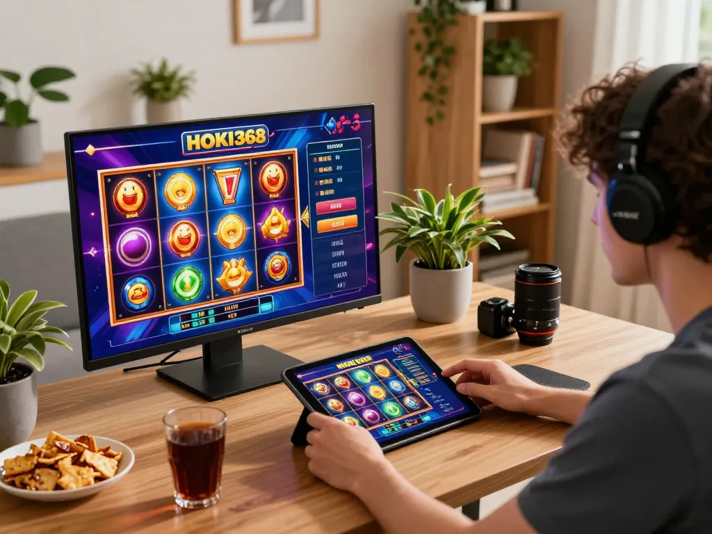 Rasakan keseruan permainan online HOKI368 dengan mesin slot yang berwarna-warni dalam pengaturan rumah yang nyaman.