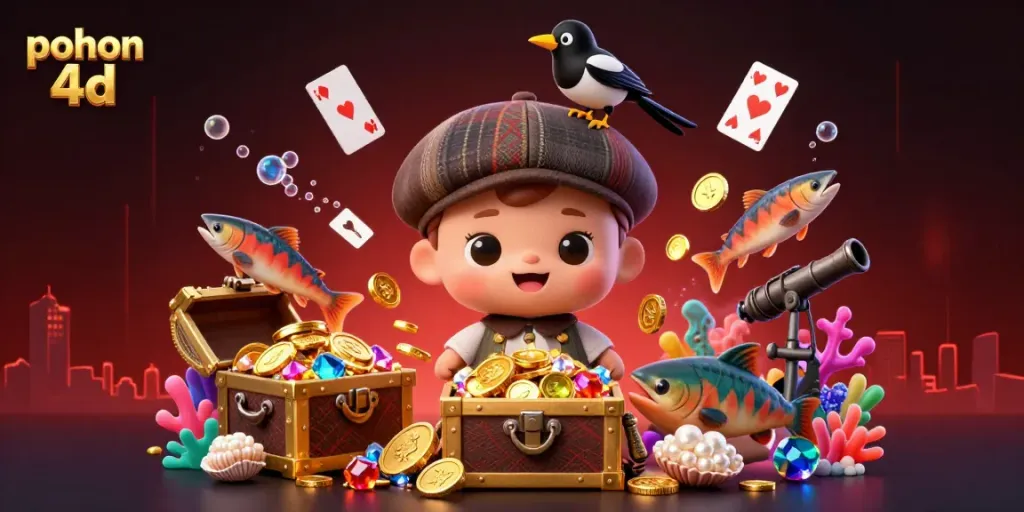Play and win with pohon 4d in this vibrant underwater illustration showcasing exciting casino elements.