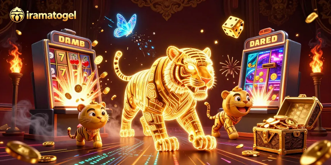 Permainan slot iramatogel dengan harimau emas neon dalam lanskap kasino digital yang memukau.