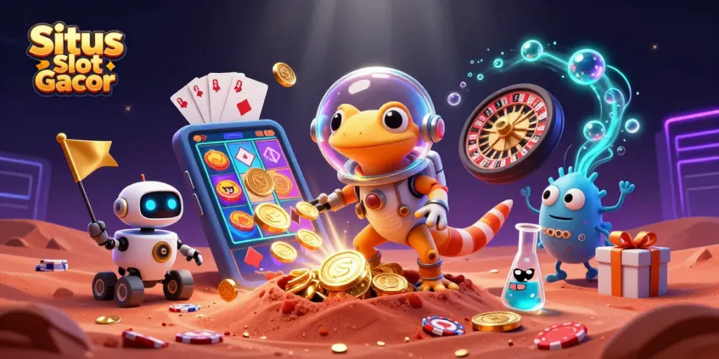 Mainkan Situs Slot Gacor dengan gecko Martian yang menemukan kasino emas di Mars.