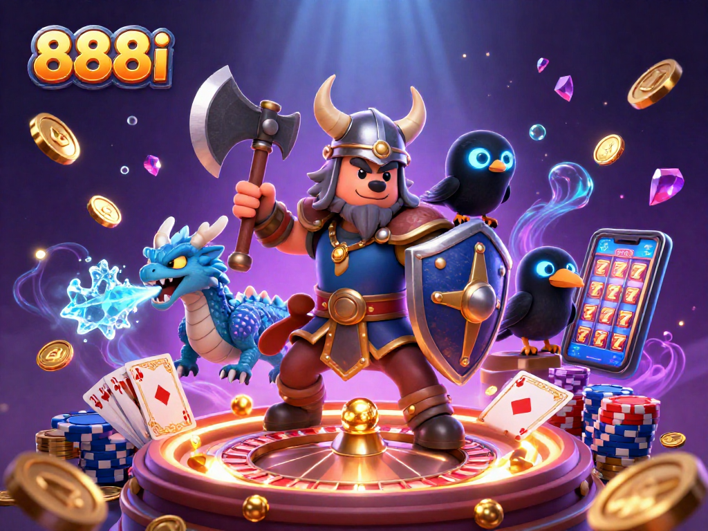 Engage with 888i and experience endless gaming thrills featuring a Viking warrior, dragon, and casino elements.