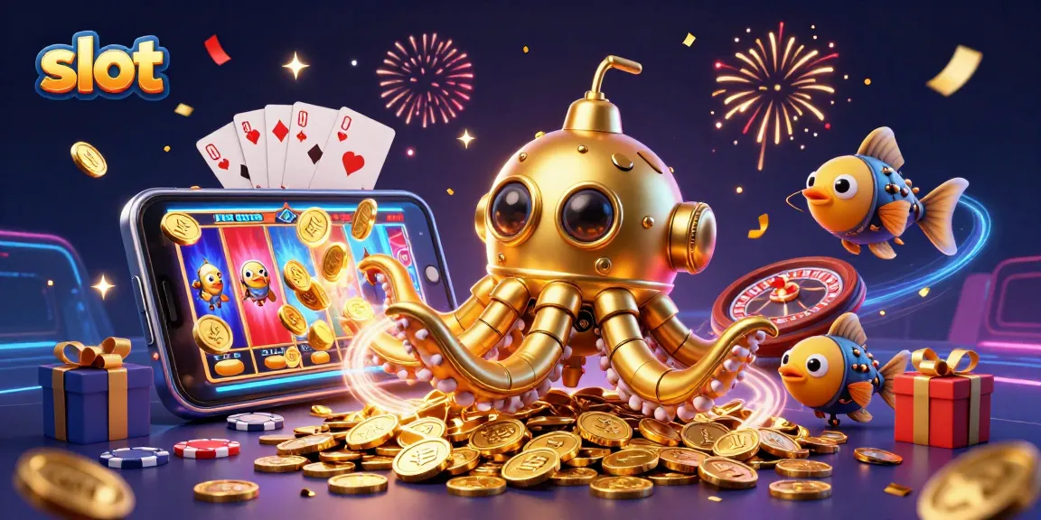 Spin the reels with colorful slot game and golden coins in this captivating casino scene.