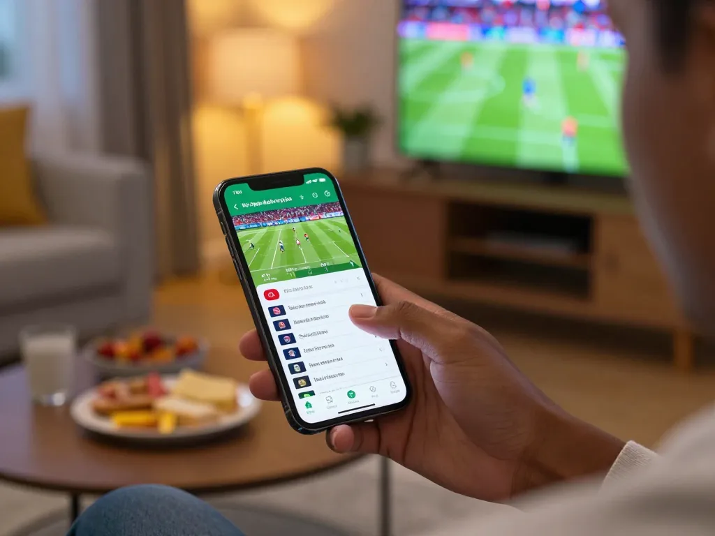 Kết quả bóng đá displayed on a smartphone during live sports betting in a cozy home setting