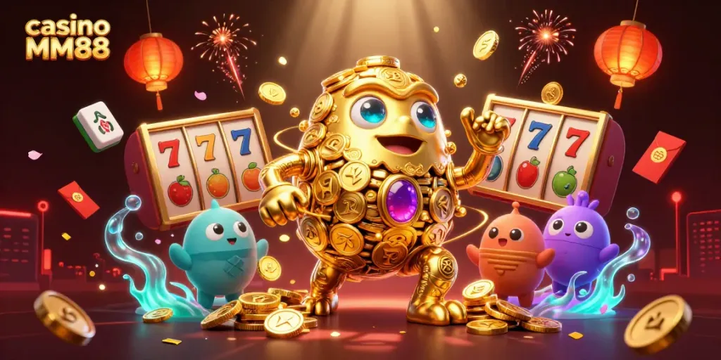 Engage at casino MM88 with a vibrant 3D cartoon scene featuring golden golems and slot machines.