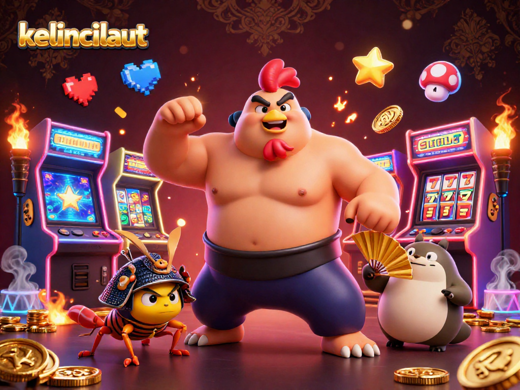 Engage with kelincilaut as a powerful sumo rooster and fierce cricket compete amidst colorful casino elements.