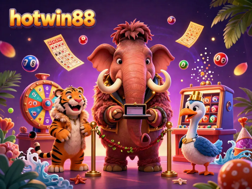 Bet big with hotwin88 at the vibrant casino scene featuring dynamic lottery elements and cheerful characters.