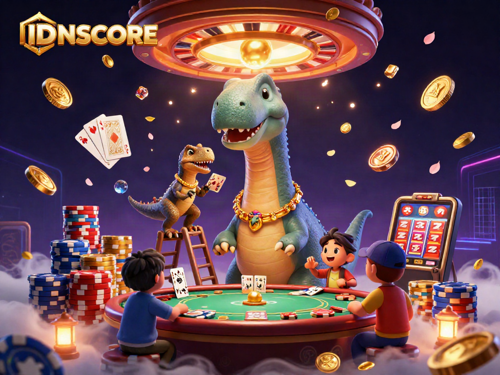 Experience excitement with IDNSCORE in a vibrant casino scene featuring a brontosaurus and card dealer.