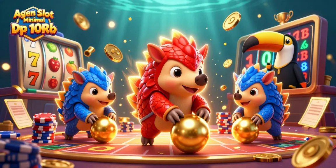Agen Slot Minimal Dp 10Rb highlights dynamic competition between pangolins amidst gold coins and slot elements.