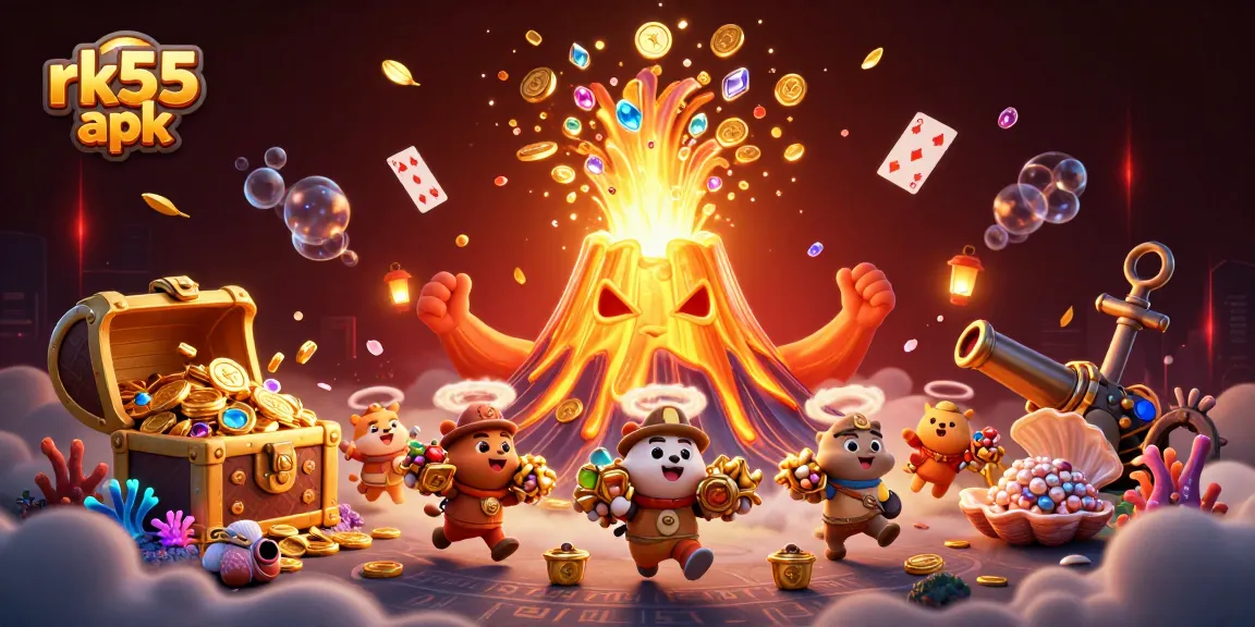 Experience the thrill of rk55 apk gameplay with a triumphant golden volcano erupting coins and gems.