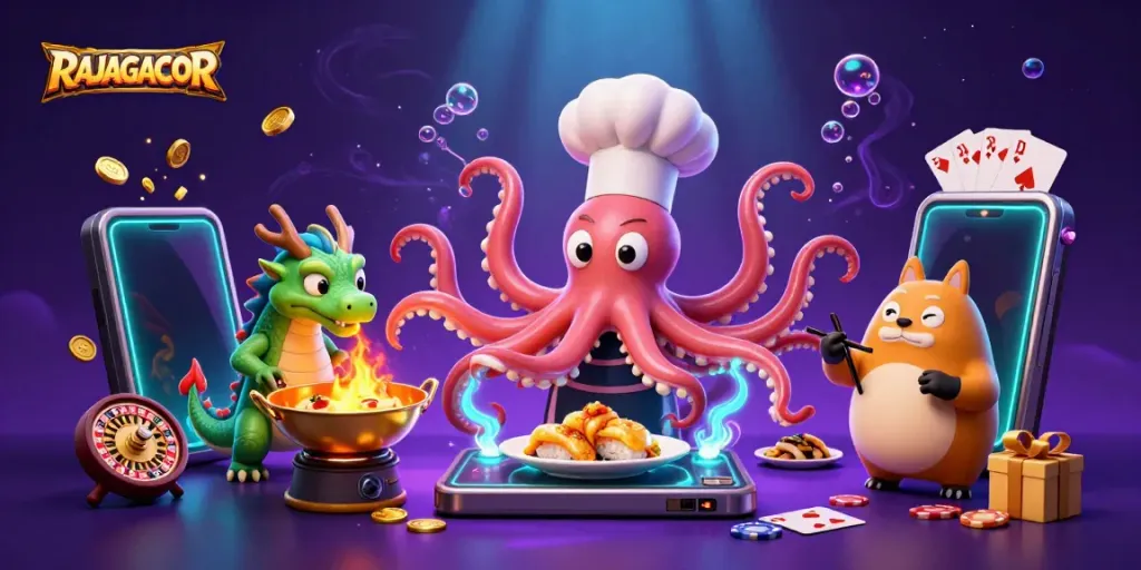 Gambarlah RAJAGACOR dengan chef sushi, naga hijau, dan pelanggan tanuki yang menikmati permainan slot.