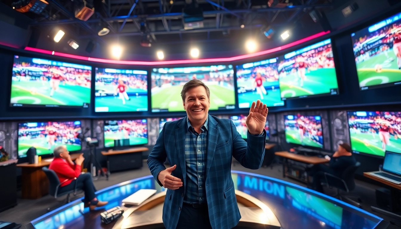 Sports Broadcasting studio with anchor reporting live sports events and vibrant screens.