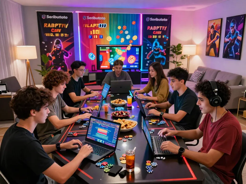 Group enjoying an exciting Seributoto Togel game in a vibrant online gambling setting, with laptops and colorful digital graphics.