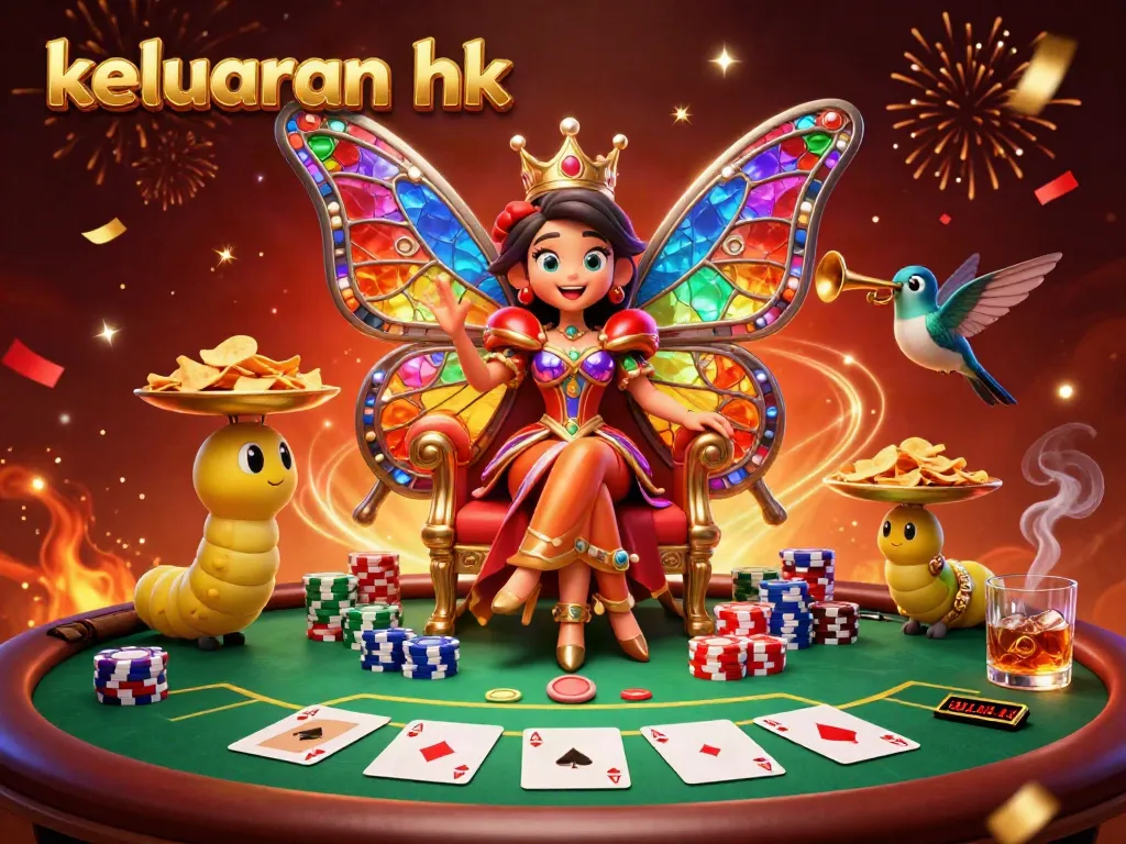 Mengaktifkan keluaran hk dengan ilustrasi 3D ratu kupu-kupu yang megah di iklim kasino.