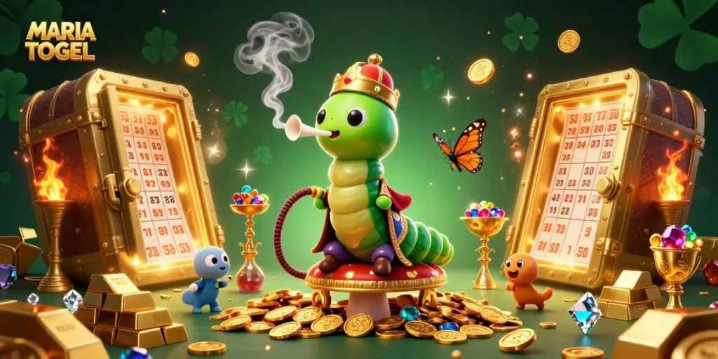 MARIATOGEL presents an engaging, colorful 3D lottery scene with a cartoon caterpillar sultan among sparkling treasures.
