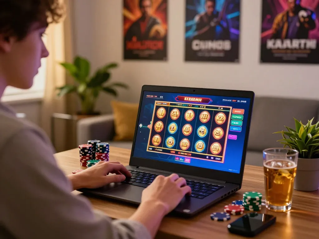 Engaging scene of a home gaming setup showcasing Slot Demo on a laptop, highlighting the excitement of online play.