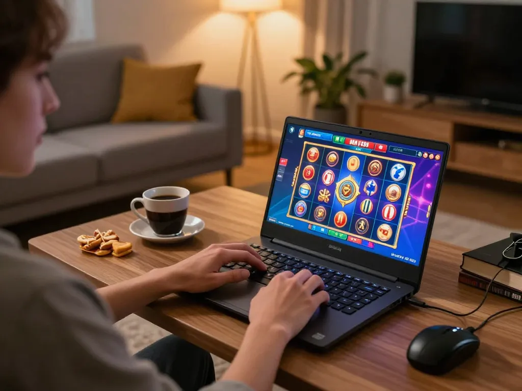 Bergabung dalam permainan online alfa 138 dari pengaturan rumah yang nyaman dengan camilan dan pencahayaan hangat.