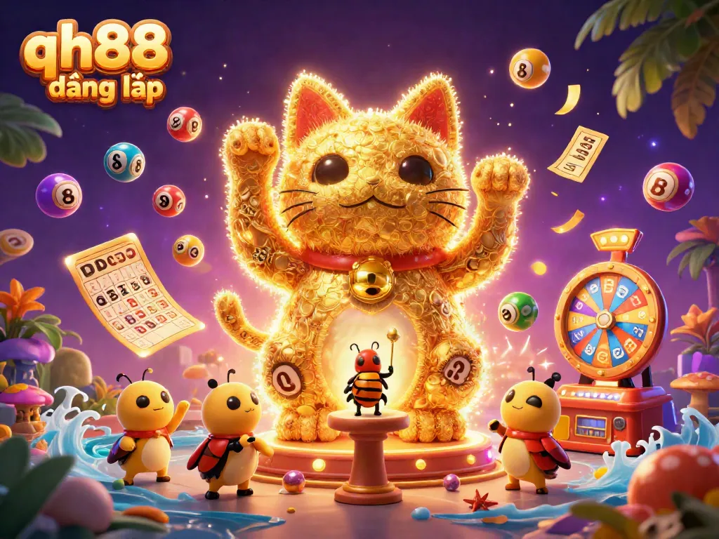 Experience qh88 đăng nhập with a vibrant 3D scene of a lucky cat and dynamic casino symbols.