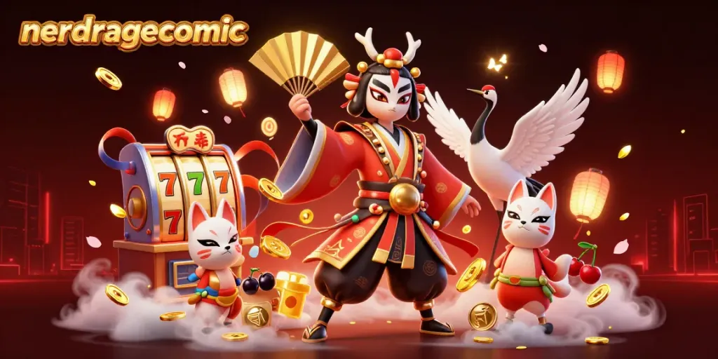 Nerdragecomic menampilkan petarung kabuki dan topeng kitsune dalam permainan mesin slot yang memikat.