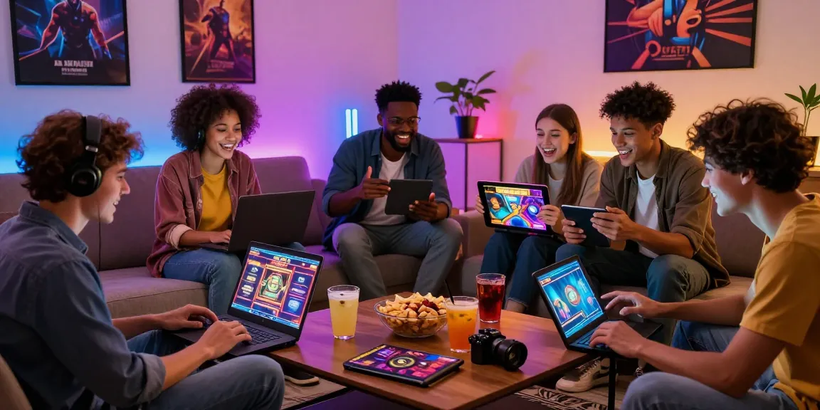 Teman-teman bersenang-senang bermain slot online di ruang tamu yang nyaman.