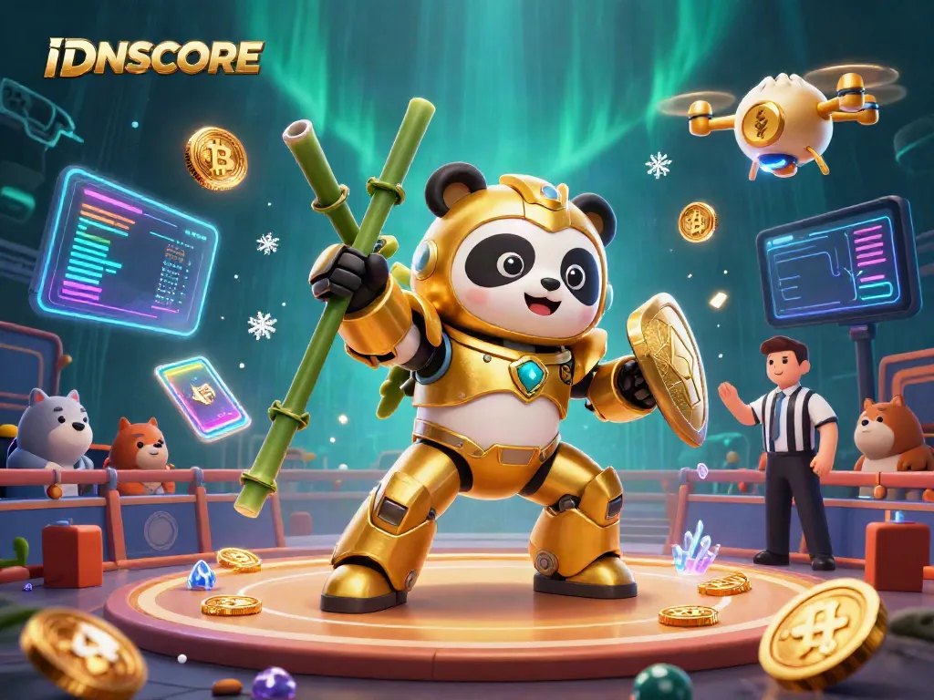 Experience the excitement of IDNSCORE in a vibrant sports betting arena with a golden panda robot and crypto elements.