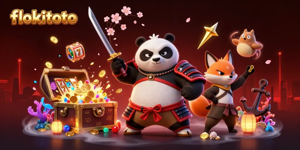 Experience thrilling action with flokitoto in this vibrant 3D scene featuring a samurai panda, ninja fox, and magic.