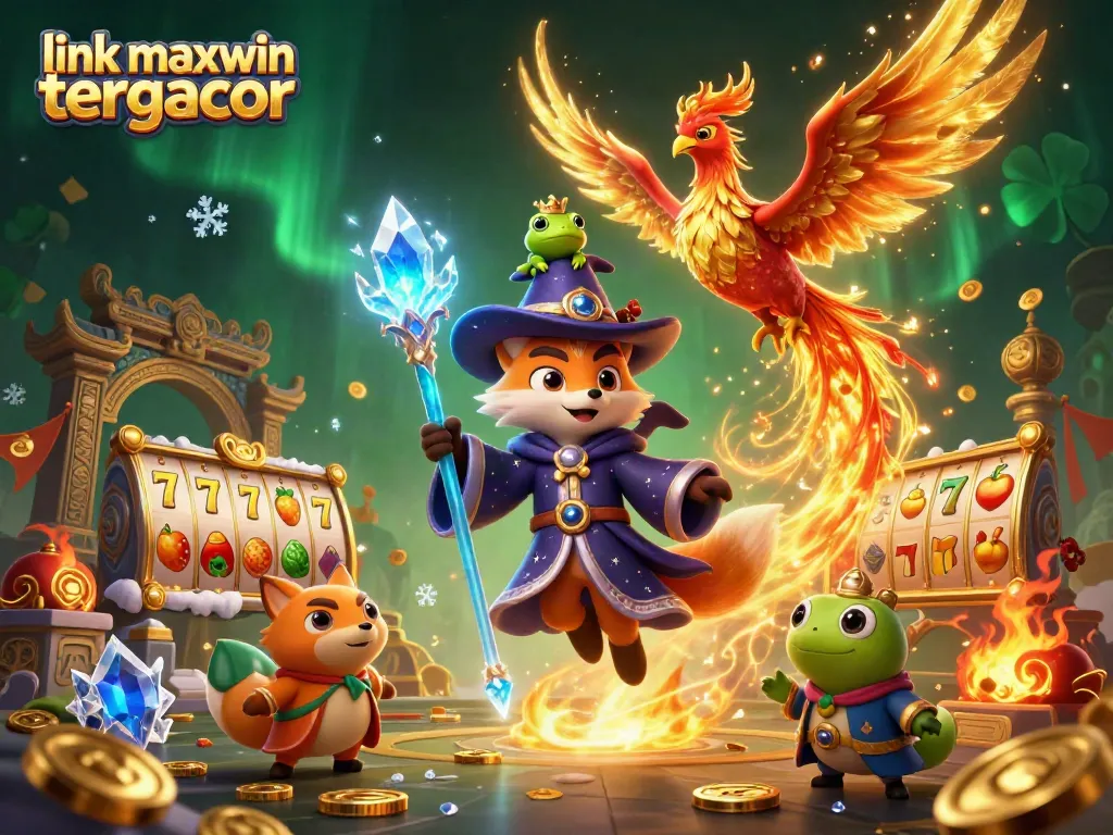 Experience slot gaming magic with link maxwin tergacor in this vibrant 3D illustration featuring mythical characters and dynamic game elements.