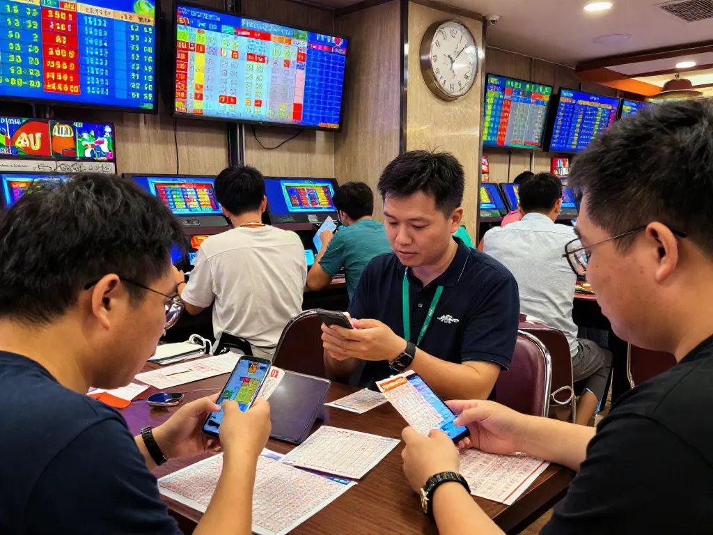 Penggemar Bandar Toto Macau memeriksa tiket dan hasil undian secara langsung dengan suasana penuh semangat.