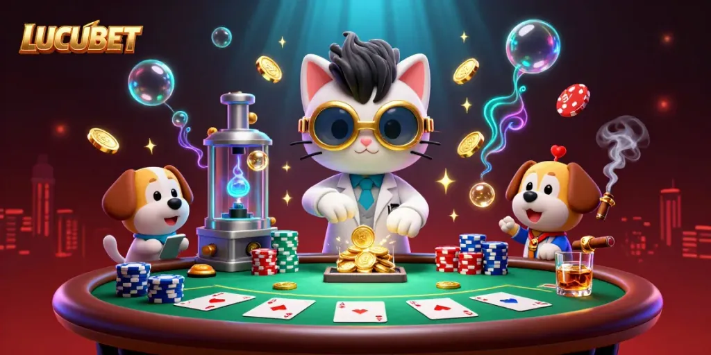 LUCUBET's engaging 3D illustration depicting a scientist cat and dog amidst a vibrant casino scene.