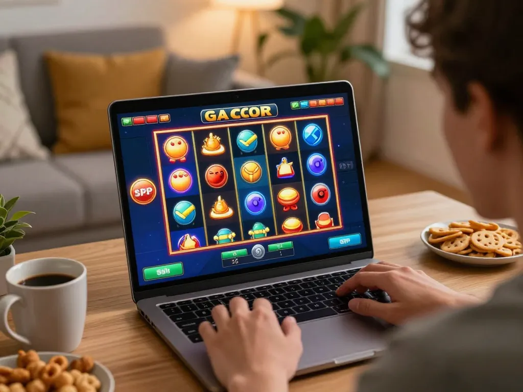 Engaging player enjoying a slot gacor game on a laptop screen at home, showcasing vibrant gaming atmosphere.