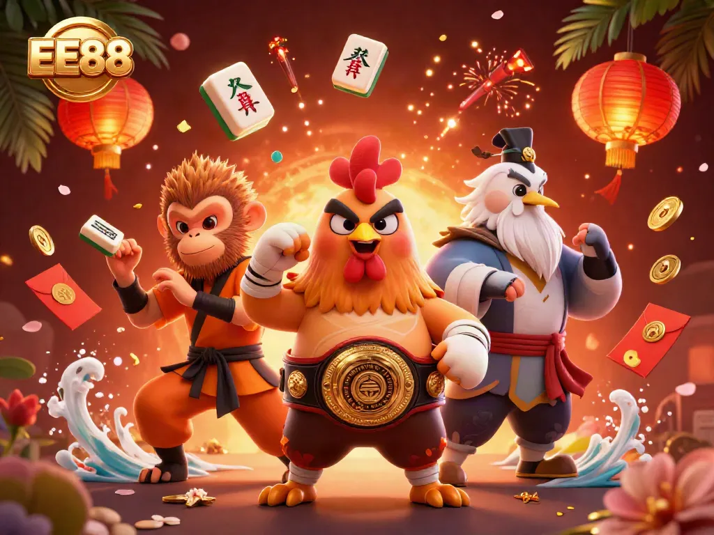 Engage with EE88's vibrant 3D illustration showcasing a Muay Thai rooster, Shaolin monkey, and wise crane amidst sparkling casino elements.