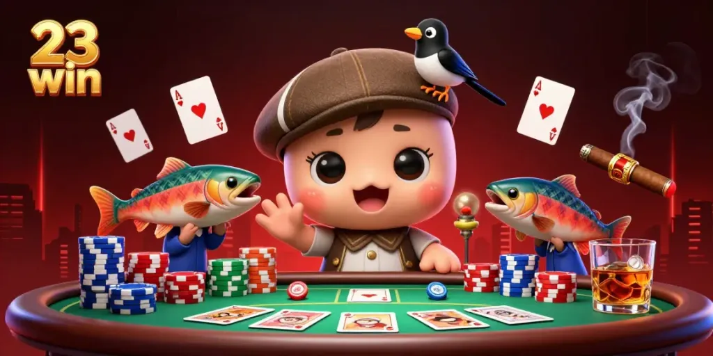 Experience the vibrant world of 23 win with playful characters interacting at a lively kasino scene.