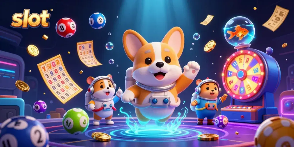 Menang jackpot dengan slot di kasino luar angkasa, dikelilingi bola lotere berwarna-warni.