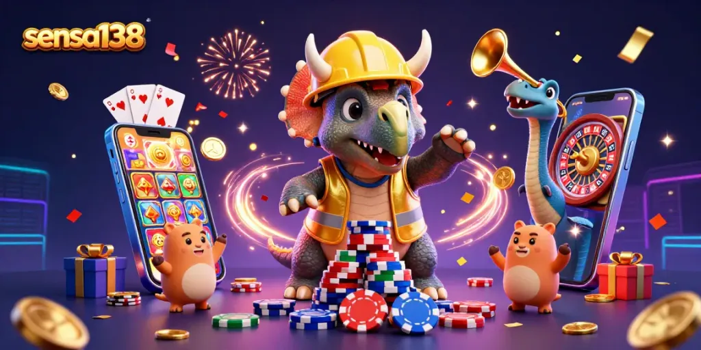 Sensa138 showcases a triceratops building poker chips while coins and cards burst from a smartphone, celebrating gaming.