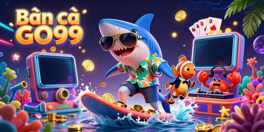 Bắn cá GO99 illustration featuring a hammer-head shark, clownfish, and crab DJ amidst colorful casino elements.