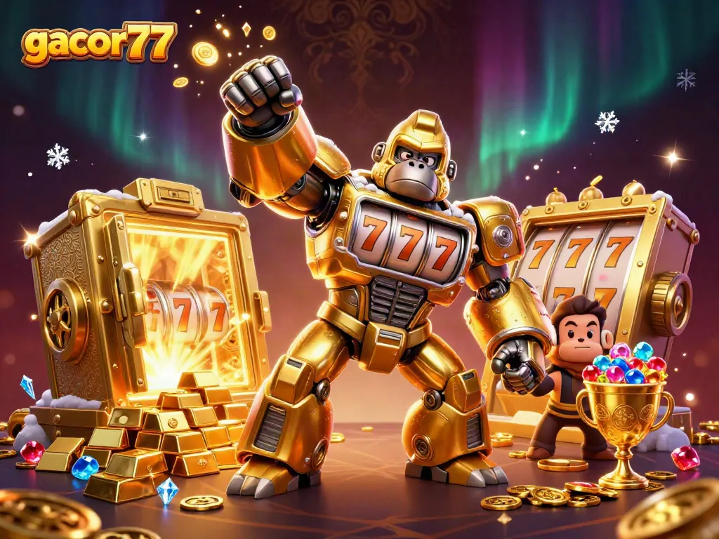 Gacor77 memperlihatkan gorilla emas mekanik mengalahkan jackpot di kasino dengan harta karun melimpah