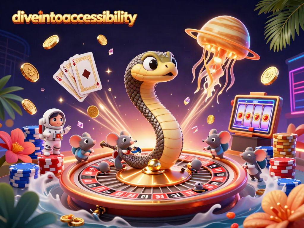 Diveintoaccessibility showcases a cosmic casino scene with a Saturn ring snake and astronaut mice betting